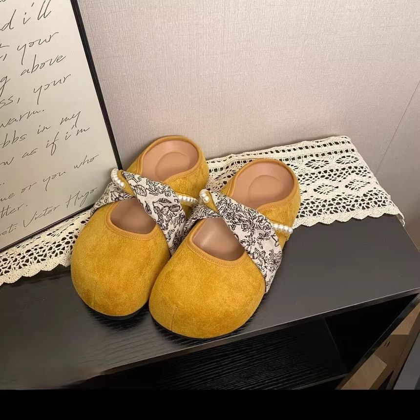 Floral Print Faux Pearl Panel Mary Jane Mules