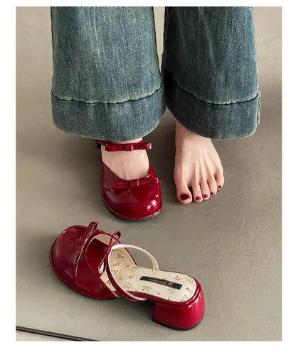 Bow Patent Leather Block Heel Mary Jane Mules