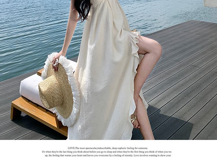 V-Neck Asymmetrical Ruffle Maxi Dress, Spaghetti Strap