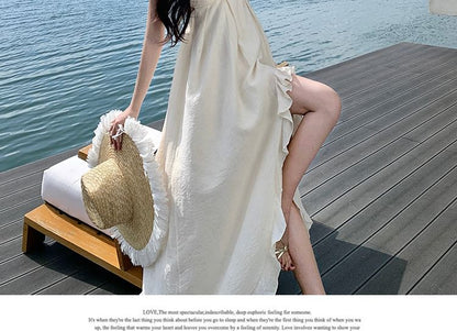 V-Neck Asymmetrical Ruffle Maxi Dress, Spaghetti Strap