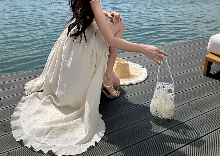 V-Neck Asymmetrical Ruffle Maxi Dress, Spaghetti Strap