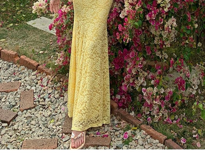Halter Lace Mermaid Maxi Dress, V-Neck