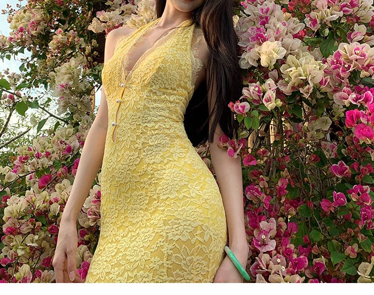 Halter Lace Mermaid Maxi Dress, V-Neck