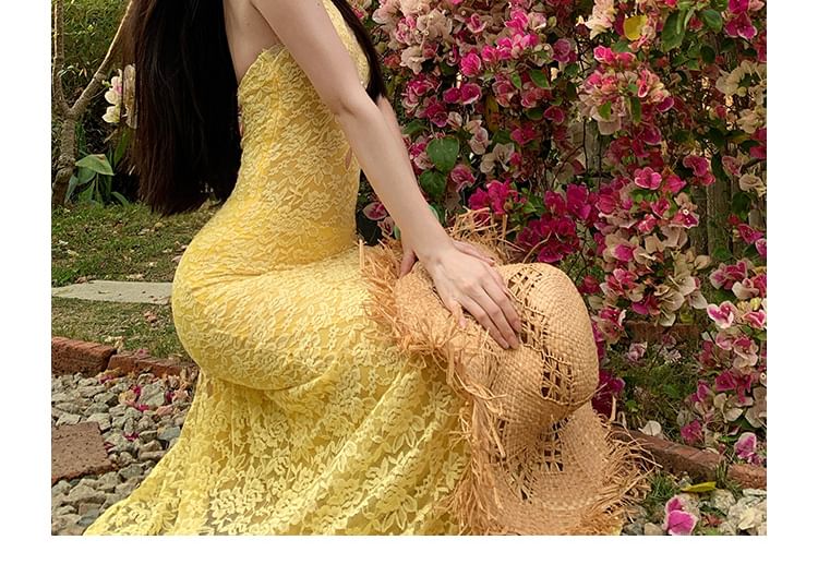 Halter Lace Mermaid Maxi Dress, V-Neck