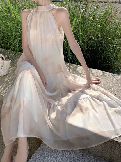 Mock Neck Tie Dye Panel A-Line Maxi Dress