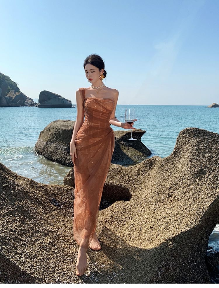 Sleeveless One Shoulder Plain Ruched Slit Lace Panel Mesh Sheath Evening Gown