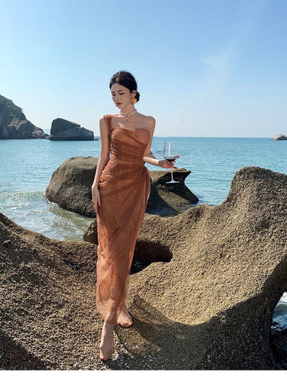 Sleeveless One Shoulder Plain Ruched Slit Lace Panel Mesh Sheath Evening Gown