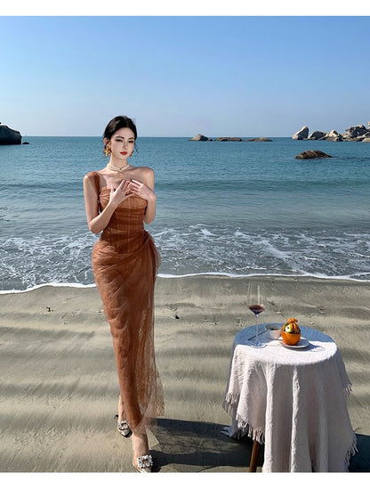 Sleeveless One Shoulder Plain Ruched Slit Lace Panel Mesh Sheath Evening Gown