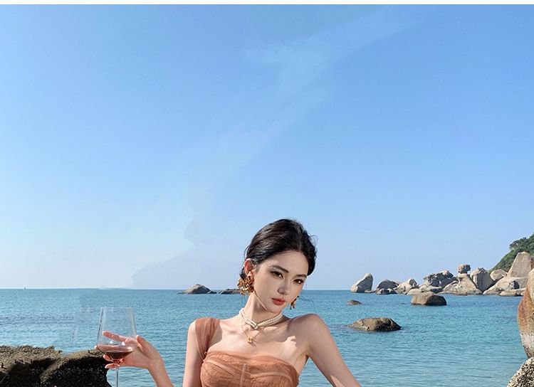 Shoulder Sleeveless Plain Sheath One Lace Evening Slit Gown Ruched Mesh Panel