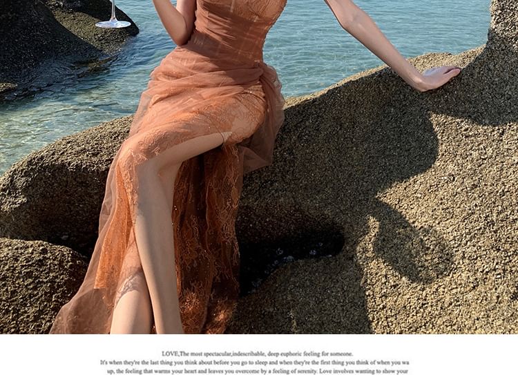 Shoulder Sleeveless Plain Sheath One Lace Evening Slit Gown Ruched Mesh Panel