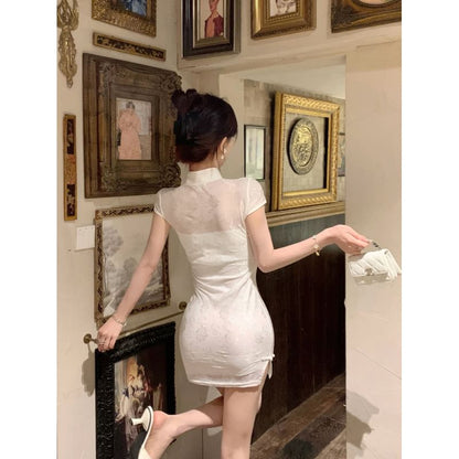 Short Sleeve Mandarin Collar Lace Mini Qipao