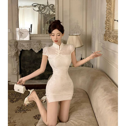 Short Sleeve Mandarin Collar Lace Mini Qipao