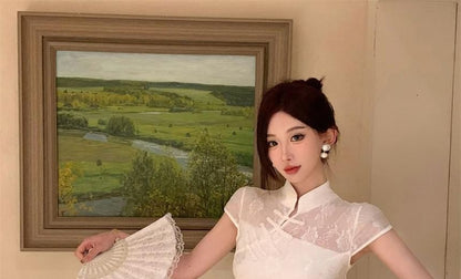 Short Sleeve Mandarin Collar Lace Mini Qipao