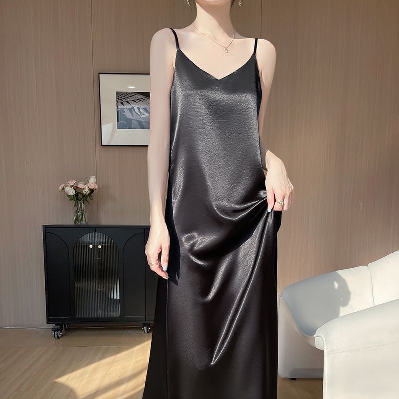 V-Neck Satin A-Line Maxi Dress, Spaghetti Strap