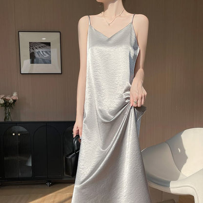 V-Neck Satin A-Line Maxi Dress, Spaghetti Strap