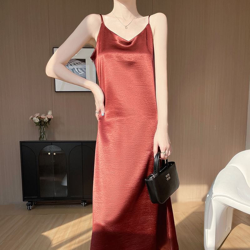 V-Neck Satin A-Line Maxi Dress, Spaghetti Strap