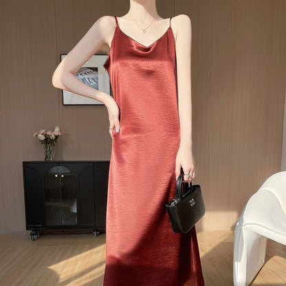 V-Neck Satin A-Line Maxi Dress, Spaghetti Strap