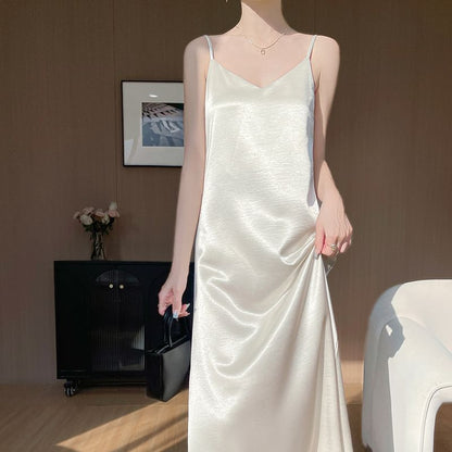 V-Neck Satin A-Line Maxi Dress, Spaghetti Strap