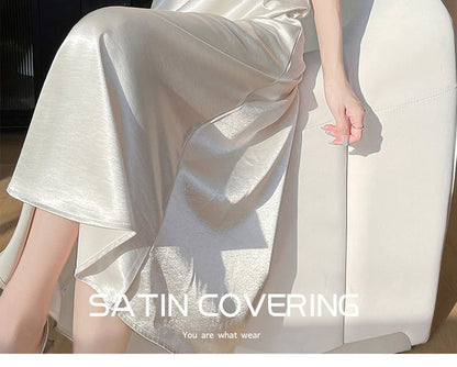 V-Neck Satin A-Line Maxi Dress, Spaghetti Strap