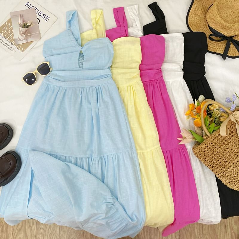 One Shoulder Keyhole Tiered A-Line Maxi Dress