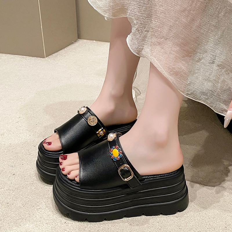 Platform Faux Pearl Slide Sandals