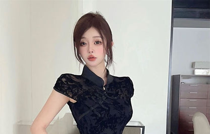 Short Sleeve Mandarin Collar Floral Lace Qipao