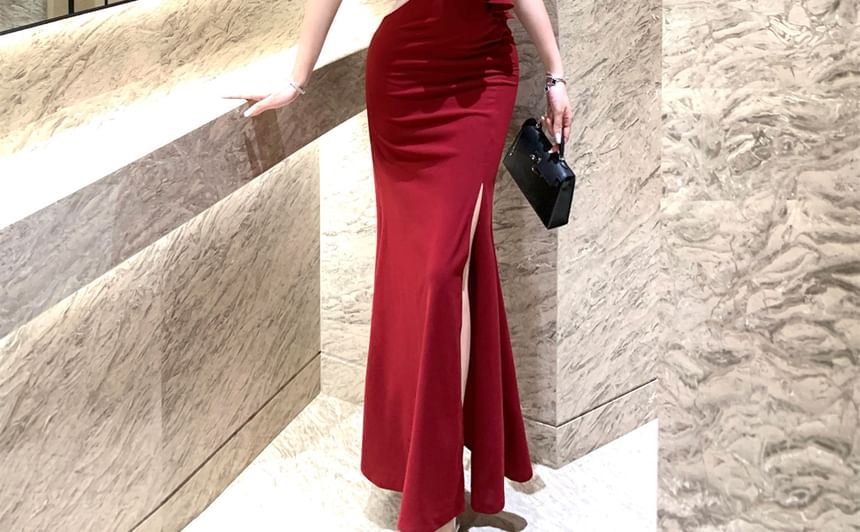 Trim Mermaid Panel Shoulder Gown Off Evening Ruffle