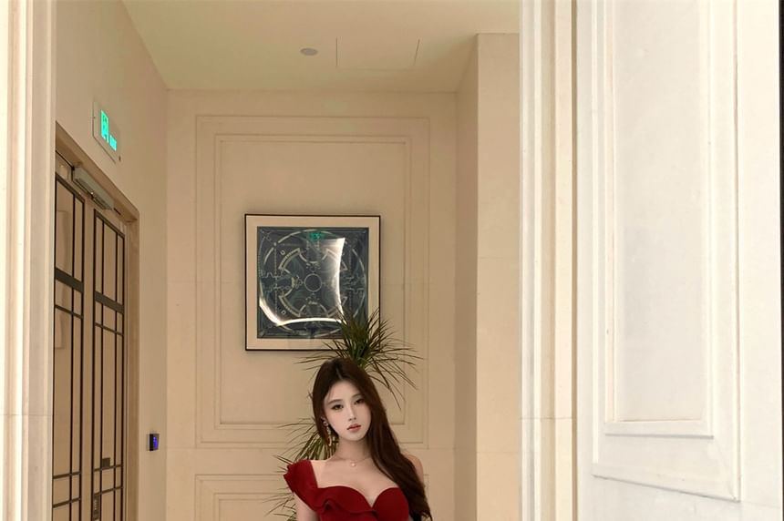 Trim Mermaid Panel Shoulder Gown Off Evening Ruffle