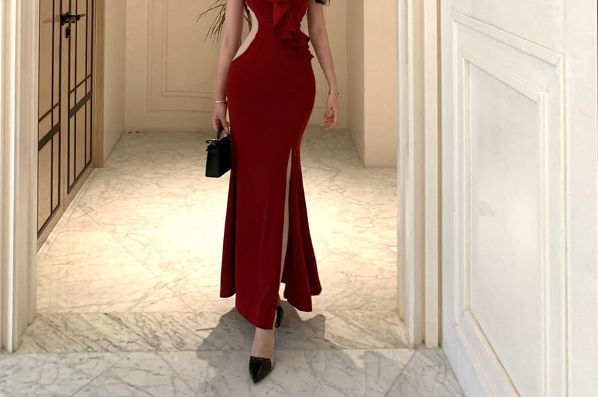 Trim Mermaid Panel Shoulder Gown Off Evening Ruffle