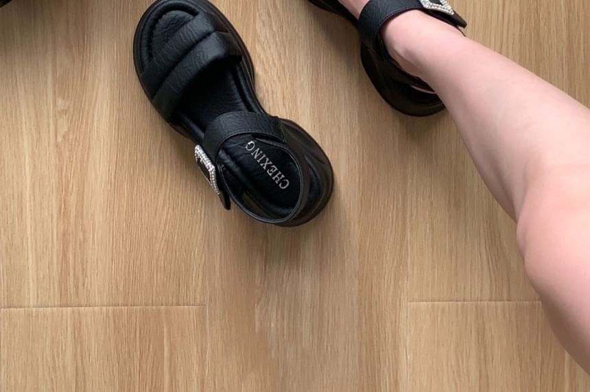 Platform Chunky Heel Rhinestone Buckle Sandals