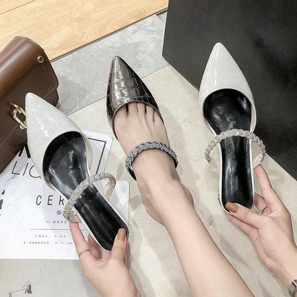 Pointed Rhinestone Low Heel Mules