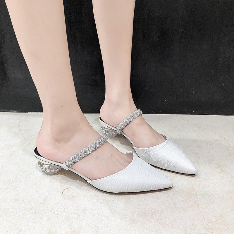 Pointed Rhinestone Low Heel Mules