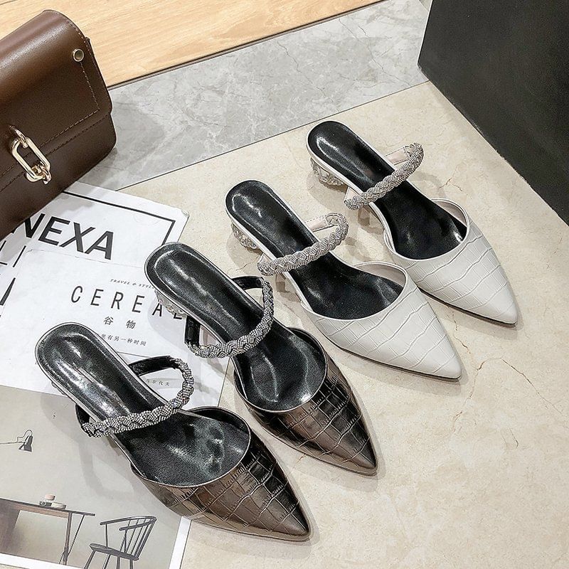 Pointed Rhinestone Low Heel Mules
