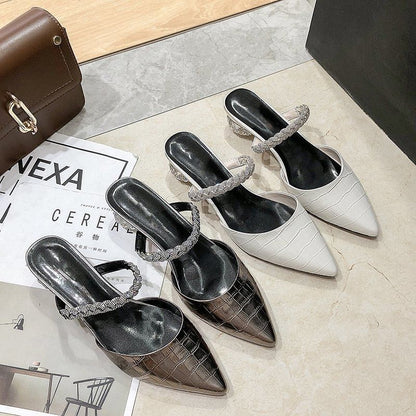 Pointed Rhinestone Low Heel Mules