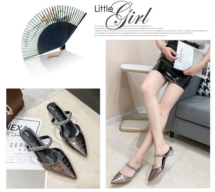 Pointed Rhinestone Low Heel Mules