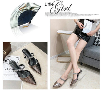 Pointed Rhinestone Low Heel Mules