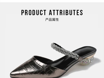 Pointed Rhinestone Low Heel Mules