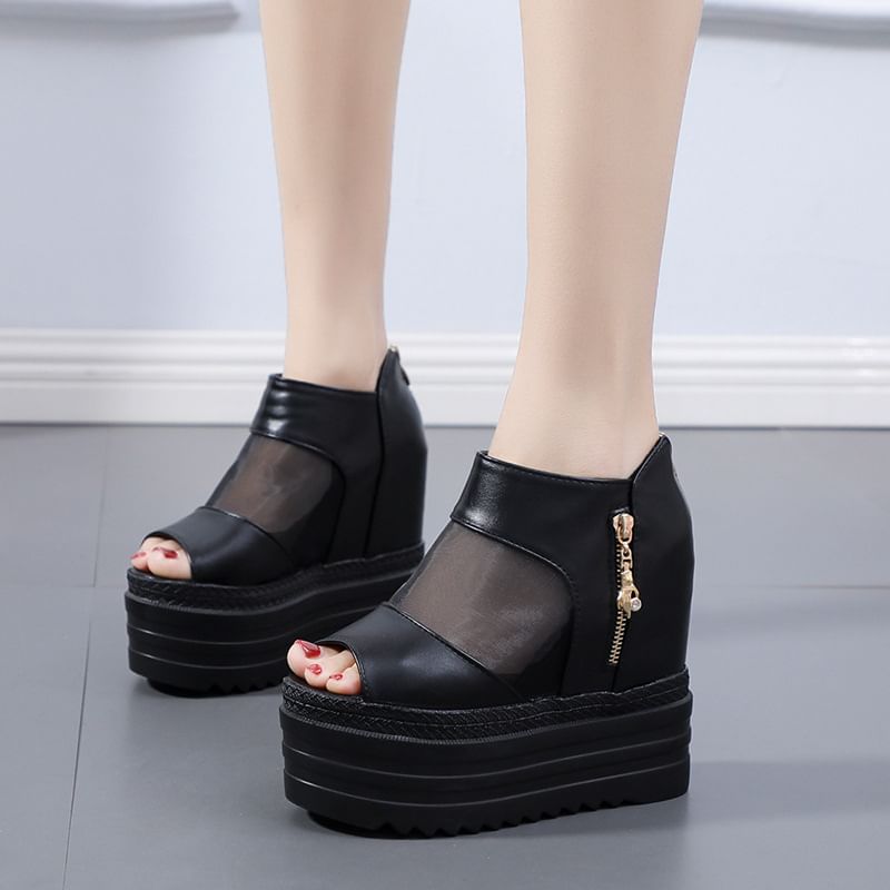 Mesh Panel Platform Sandals