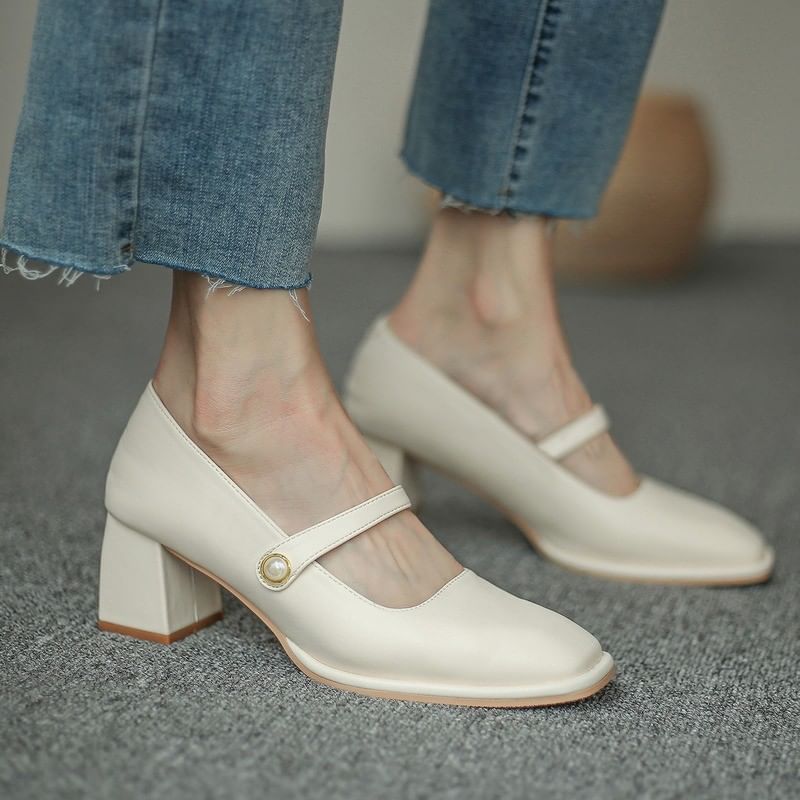 Square Toe Faux Pearl Chunky Heel Mary Jane Pumps
