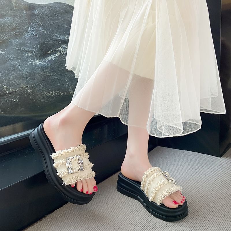 Fringed Trim Rhinestone Buckled Platform Slide Sandals