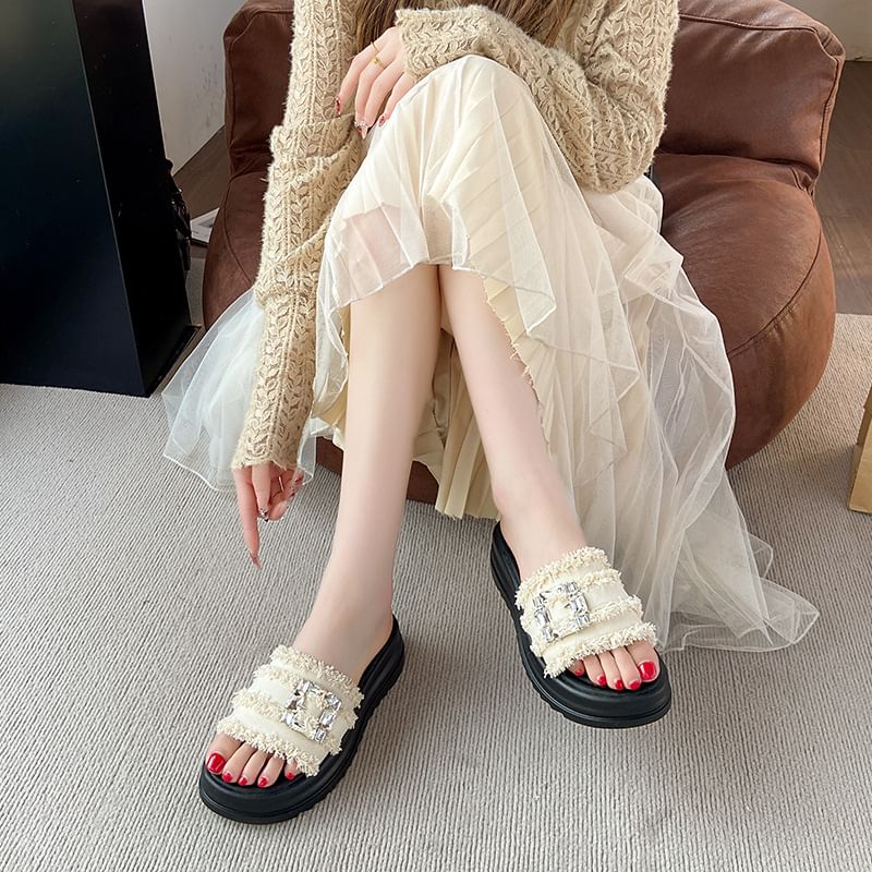 Fringed Trim Rhinestone Buckled Platform Slide Sandals