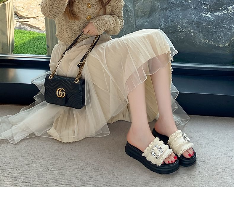 Fringed Trim Rhinestone Buckled Platform Slide Sandals