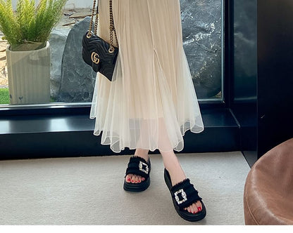 Fringed Trim Rhinestone Buckled Platform Slide Sandals