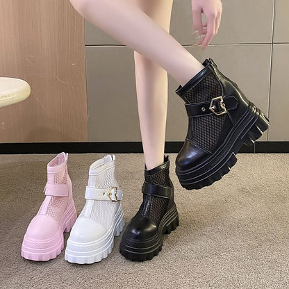 Buckled Mesh Panel Platform Chunky Heel Short Boots