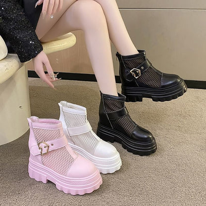 Buckled Mesh Panel Platform Chunky Heel Short Boots