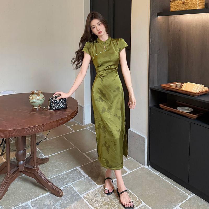 Cap Sleeve Butterfly Print Midi Sheath Qipao