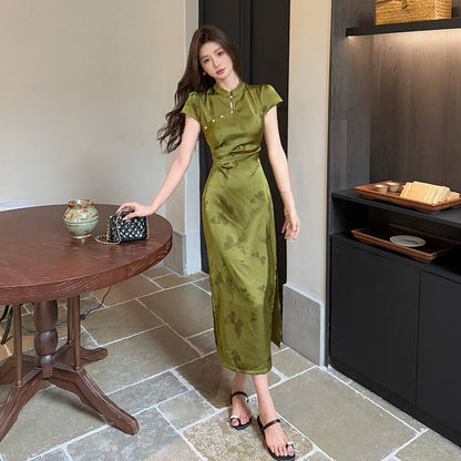 Cap Sleeve Butterfly Print Midi Sheath Qipao