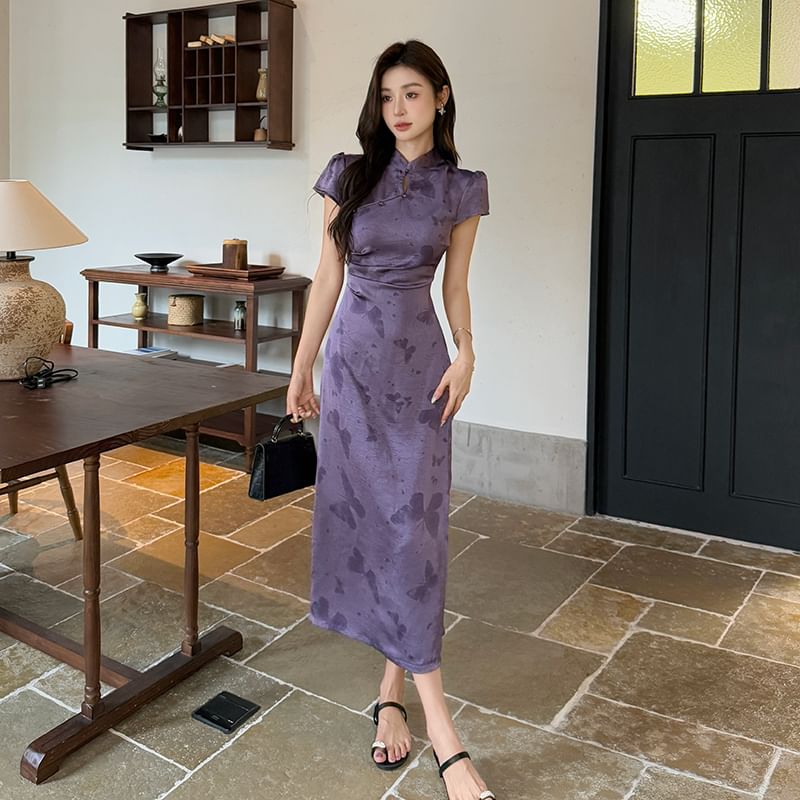 Cap Sleeve Butterfly Print Midi Sheath Qipao