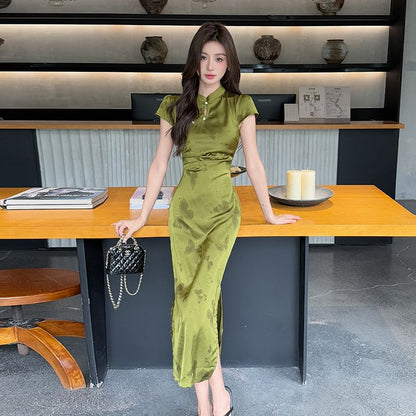 Cap Sleeve Butterfly Print Midi Sheath Qipao