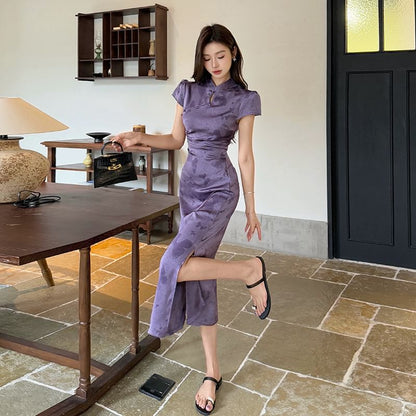 Cap Sleeve Butterfly Print Midi Sheath Qipao